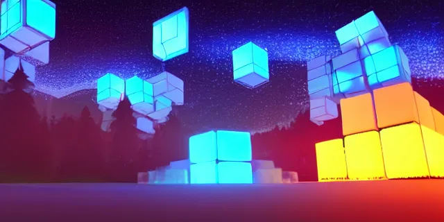Image similar to a beautiful network of glowing cubes appears in the sky above a fantasy landscape, atmospheric lighting, intricate, volumetric lighting, beautiful, sharp focus, ultra detailed, in the art style of bowater charlie, brom gerald, astrophotography, rendered in cinema 4 d, quantum wavetracing, rendered in maya