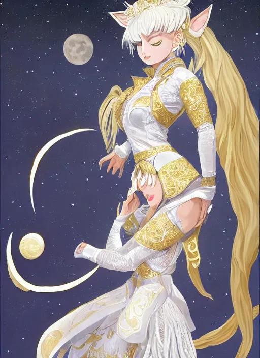 Prompt: commissioned full body portrait of a female anthro werewolf princess fursona with white hair wearing a white and gold Chinese armored dress in a white and gold palace on a starry night with a large crescent moon, by a professional manga illustrator, Stanley Artgerm Lau, WLOP, Rossdraws, James Jean, Andrei Riabovitchev, Marc Simonetti, and Sakimichan, trending on artstation