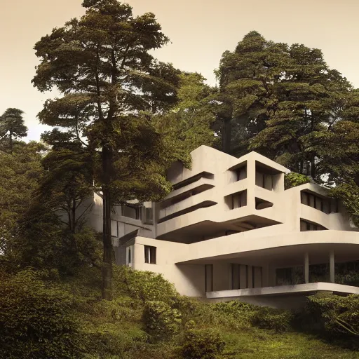 Image similar to beige rectangular house built around big central garden, on a hill surrounded by big trees, dramatic lighting, artstation, matte painting, raphael lacoste, simon stalenhag, frank lloyd wright, zaha hadid, drone view