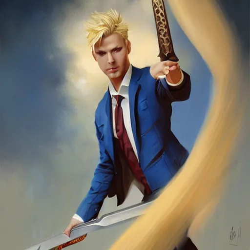 Prompt: artgerm portrait painting of a blond man in a blue suit with a sword and a pistol, asymmetrical, profile picture, organic painting, sunny day, matte painting, bold shapes, hard edges, street art, trending on artstation, by huang guangjian, gil elvgren, ruan jia, randy vargas, greg rutkowski