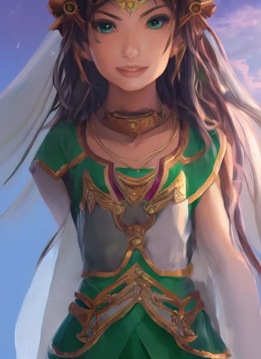 Image similar to portrait, head and torso only, palutena, trending on artstation, concept art, movie poster, fine detail, extremely detailed, sharp focus, smooth, digital illustration, by rossdraws, frank franzzeta, sakimichan, corrected hand, perfect hands