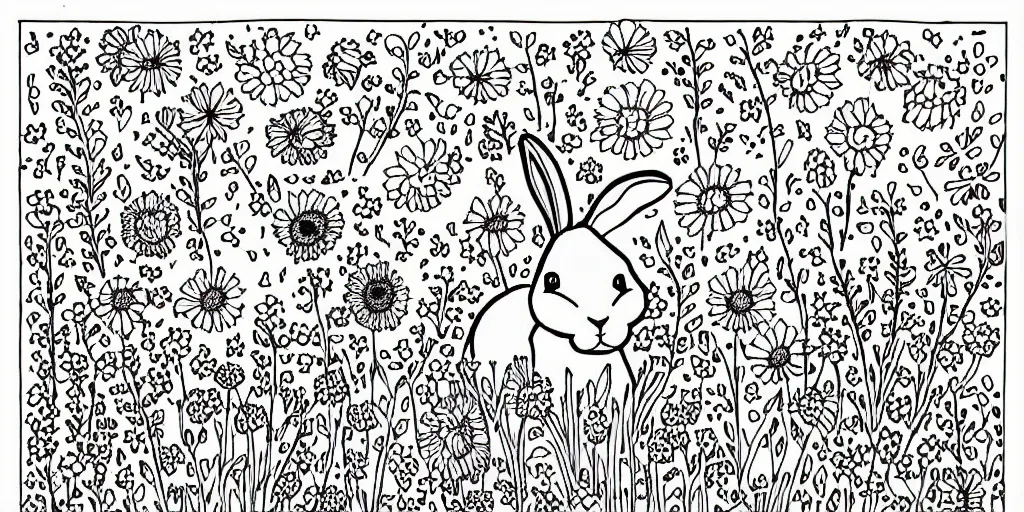 Prompt: Black and white coloring book page of a bunny rabbit and wildflowers