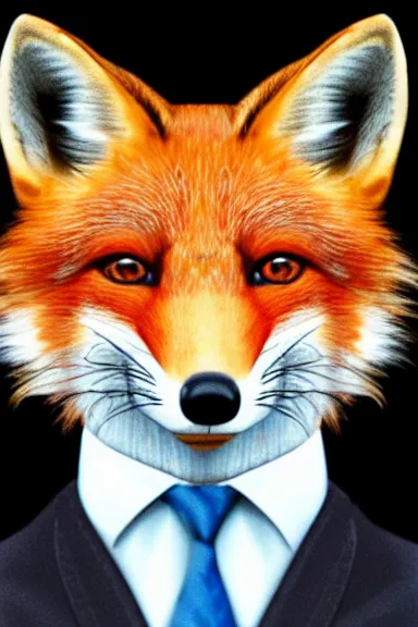 Prompt: a realistic portrait of an anthropomorphic red fox wearing a suit looking into the camera, realistic, portrait, white background