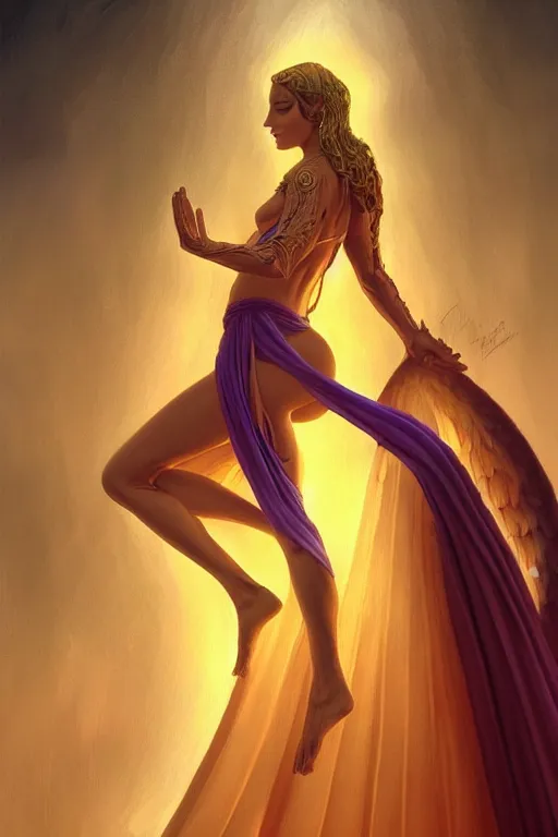 Prompt: angel doing yoga in temple, angel is wearing cloak, fantasy, intricate, elegant, highly detailed, digital painting, artstation, concept art, matte, sharp focus art by boris vallejo, smooth, sharp focus, illustration