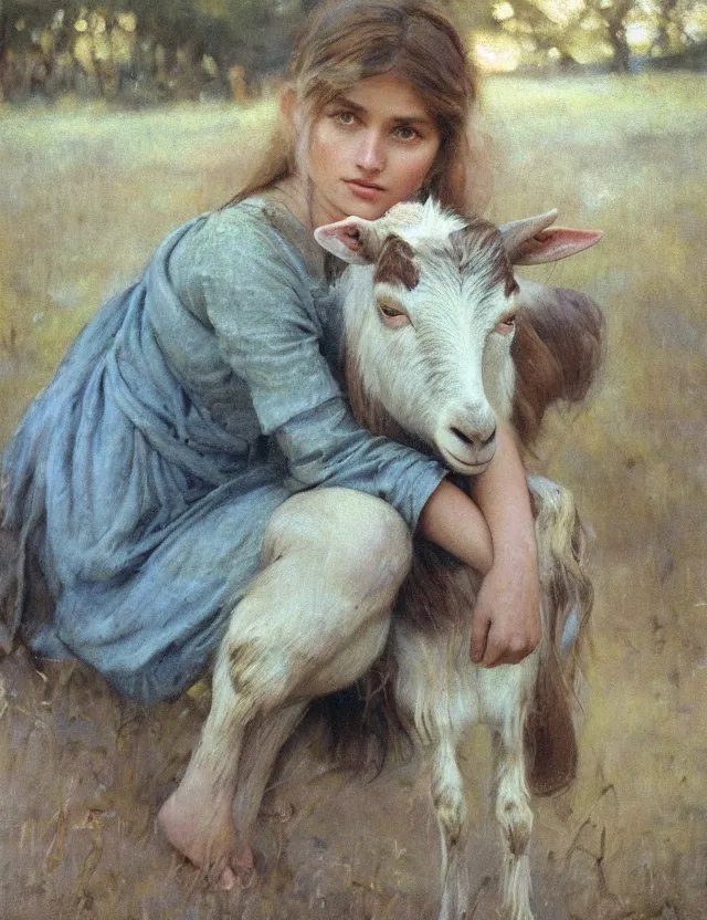 Image similar to portrait of peasant girl pet a goat, cottage core, cinematic focus, polaroid photo bleached vintage pastel colors high - key lighting, soft lights, foggy, by steve hanks, by lisa yuskavage, by serov valentin, by tarkovsky, 8 k render, detailed, oil on canvas