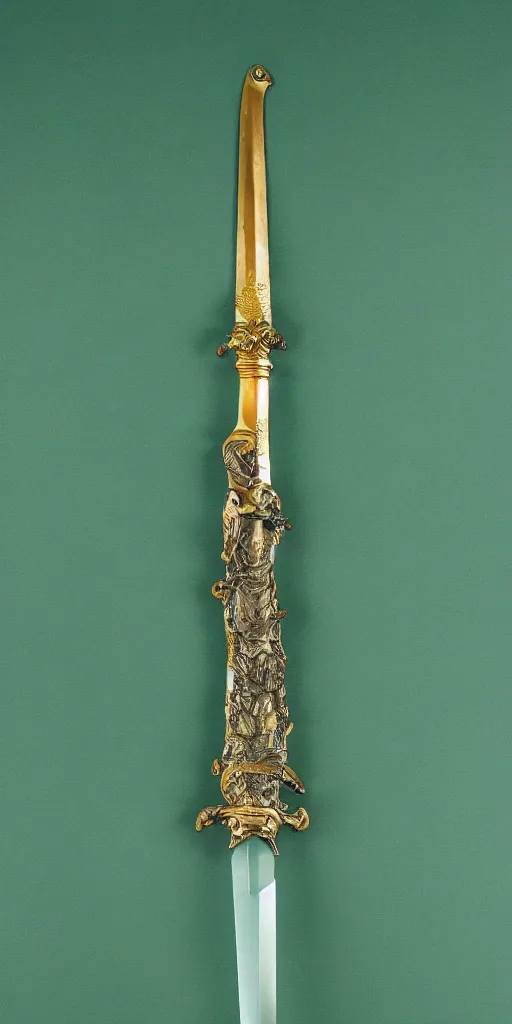 Image similar to photograph of a wide green and teal crystal sword blade attached to a big gold sword hilt