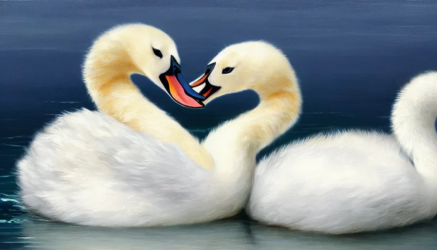 Image similar to highly detailed painting of cute furry white baby seal swan cats cuddling into each other on a blue and white iceberg by william turner, by greg rutkowski, by william constable, thick brush strokes and visible paint layers, 4 k resolution