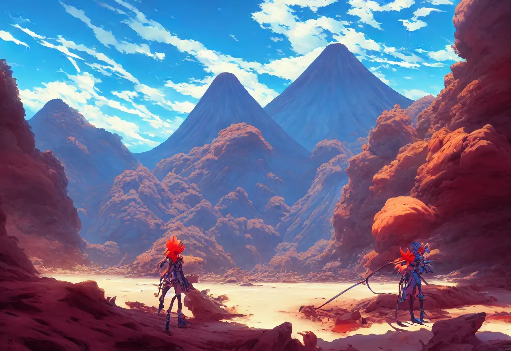 Image similar to fishbones in a dry canyon river with a volcano in the background, intricate oil painting, high detail illustration, sharp high detail, manga and anime 1 9 9 9, official fanart behance hd artstation by jesper ejsing and makoto shinkai, 4 k,