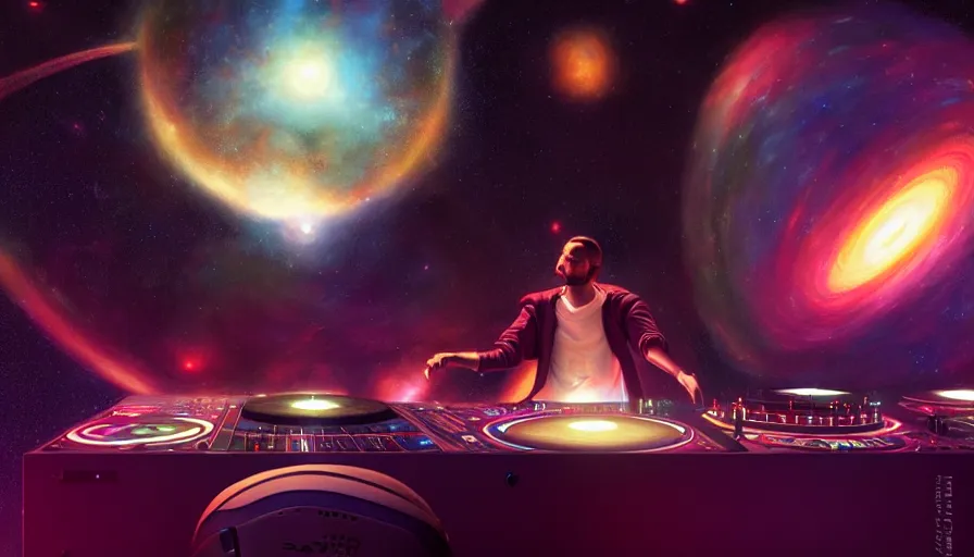 Image similar to Wide shot of a man djing under the galaxy, digital art, artstation, hyperrealistic, 4k, unreal engine, octane render, trending on artstation, art by Artgerm and Greg Rutkowski and Alphonse Mucha