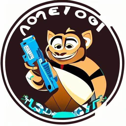 Image similar to “ logo of a upside down monkey in the style of zootopia holding laser gun, with a black background, digital art, award winning, trending on art station, retro style ”