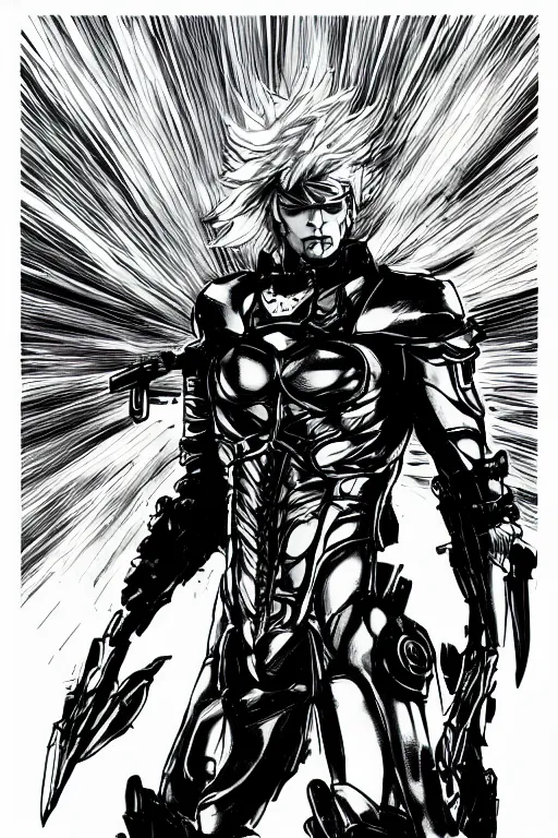 Image similar to raiden from metal gear rising, doing a heroic pose, a page from cyberpunk 2 0 2 0, style of paolo parente, style of mike jackson, adam smasher, johnny silverhand, 1 9 9 0 s comic book style, white background, ink drawing, black and white