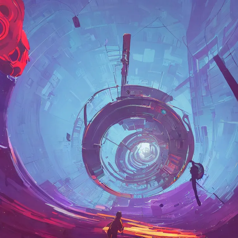 Image similar to a circle!! spiral!! portal!!! structure floating in space!!, cyberpunk, epic surrealism, indigo, purple, bright red, cyan, detailed digital matte painting in the style of simon stalenhag and painting by ralph mcquarrie