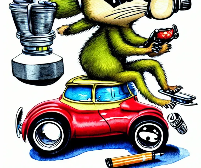 Image similar to cute and funny, racoon smoking cigar, racoon wearing a helmet, racoon riding in a tiny hot rod coupe with oversized engine, ratfink style by ed roth, centered award winning watercolor pen illustration, isometric illustration by chihiro iwasaki, edited by range murata