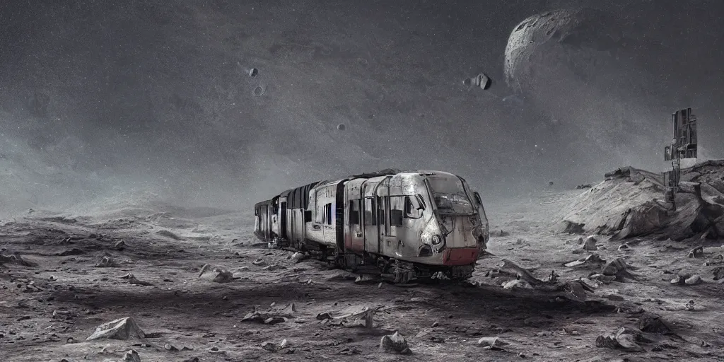 Image similar to digital art, trending on artstation, an old broken train on the moon, lunar landscape, moody