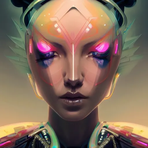 Prompt: a portrait of a beautiful cybernetic geisha, cyberpunk concept art by pete mohrbacher and wlop and artgerm and josan gonzales, digital art, highly detailed, intricate, sci-fi, sharp focus, Trending on Artstation HQ, deviantart, unreal engine 5, 4K UHD image