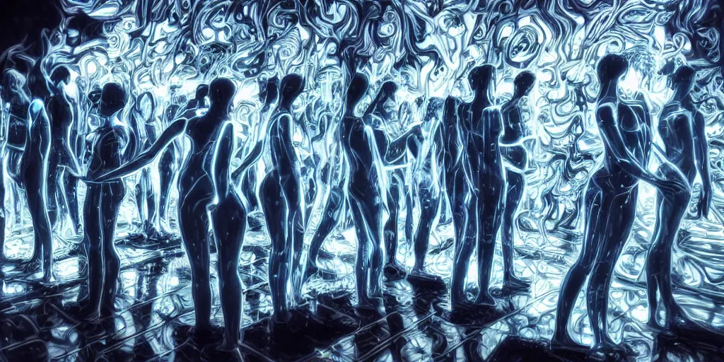 Image similar to art, groups of androids with glowing blacklight bodies, from behind, rebirth, beauty, wide angle, elaborate, wet, highly detailed, smoke, steam, reflections, vivid colors, beautiful lighting