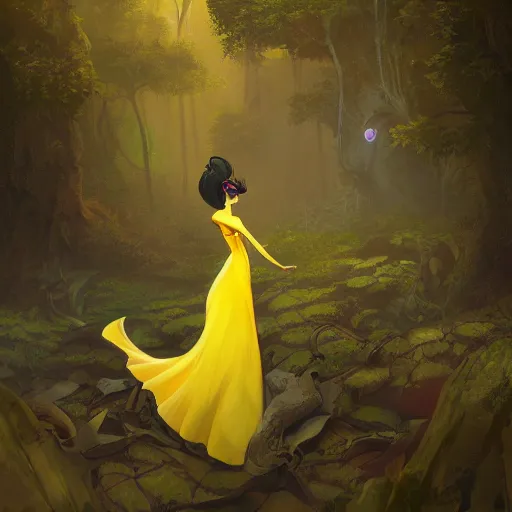 Image similar to concept art painting of an anthropomorphic salvador dali wearing yellow dress, in the deep forest, realistic, detailed, cel shaded, in the style of makoto shinkai and greg rutkowski and james gurney