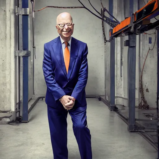 Image similar to UHD candid photo of Klaus Schwab wearing an orange jumpsuit, in shackles, wearing extremely accurate clown makeup, accurate face, UHD, photorealistic, correct face, photo by Annie Leibowitz