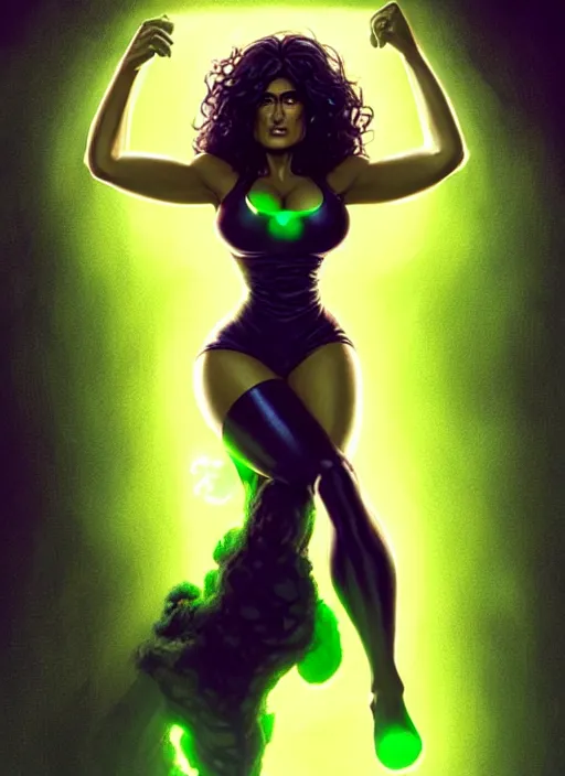 Image similar to salma hayek as she - hulk, intricate, elegant, glowing lights, highly detailed, digital painting, artstation, glamor pose, concept art, smooth, sharp focus, illustration, art by artgerm and greg rutkowski, artey freytag