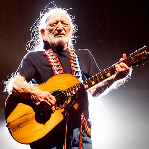 Image similar to willie nelson on stage, four fingers holdingguitar. god rays through fog.