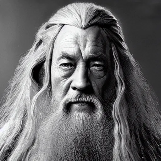 Image similar to a still from “ lord of the rings ” of a head and shoulders portrait of fei lung dressed like gandalf, photo by phil noto