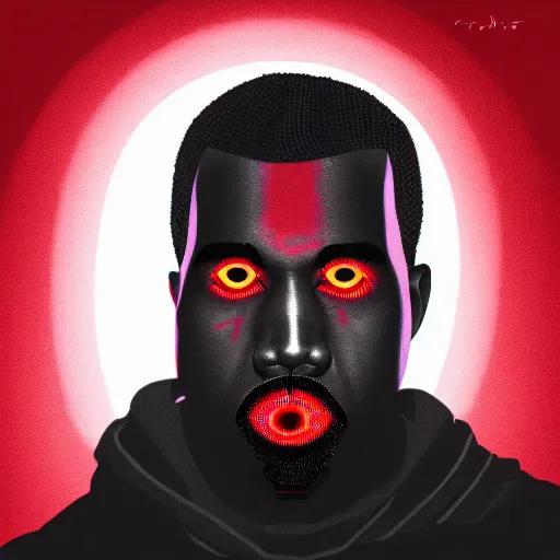 Image similar to kanye west, glowing red eyes, half of face is exoskeleton, 4k, digital art