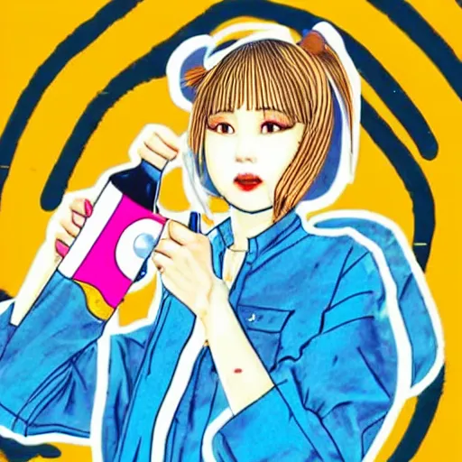 Image similar to y 2 k aesthetic japanese pop - culture magazine illustration, girl in tank - top and denim jump suit holding a can of soda near her smiling face