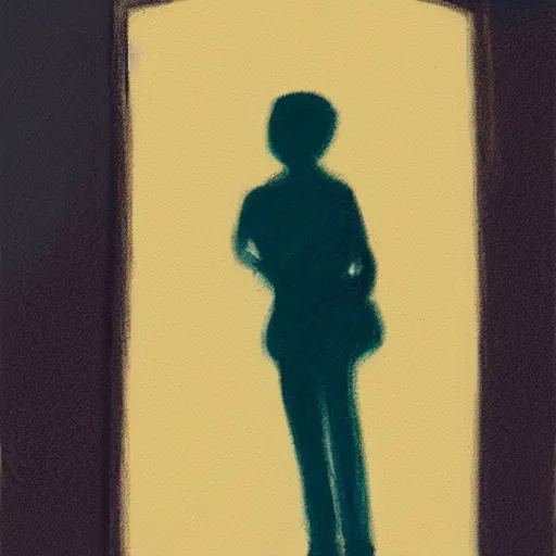 Image similar to a pastel painting of a silhouette person standing at the door of a dark room