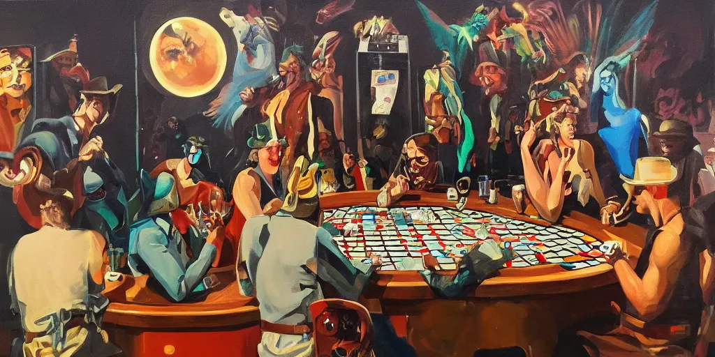 Image similar to The gods of pop culture playing poker theme western meets sci-fi, oil paint on canvas, art deco era