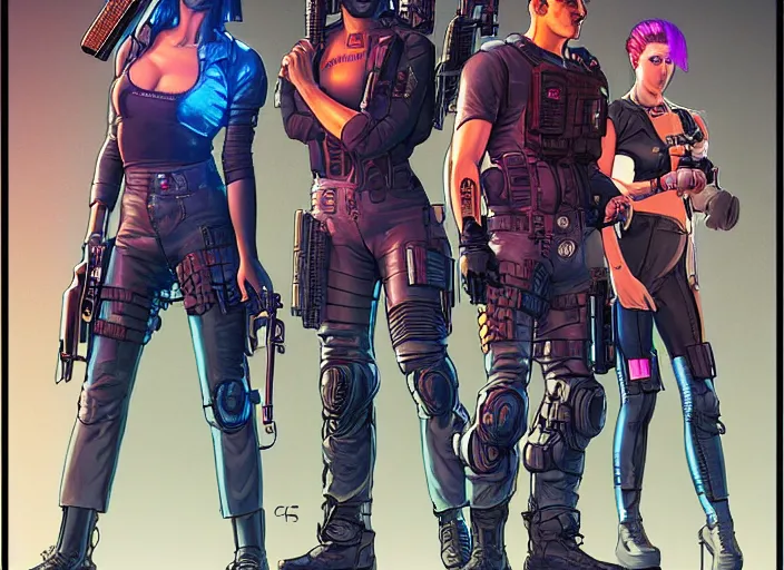 Prompt: cyberpunk police weapons team. portrait by stonehouse and mœbius and will eisner and gil elvgren and pixar. character design. realistic proportions. cyberpunk 2 0 7 7 character art, blade runner 2 0 4 9 concept art. cel shading. attractive face. thick lines. the team. diverse characters. shadowrun.