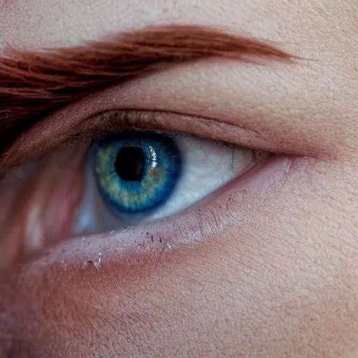 Image similar to close up portrait photo of the left side of the face of a redhead woman with blue eyes and big black round pupils who looks directly at the camera. Slightly open mouth, face covers half of the frame, with a park visible in the background. 135mm nikon. Intricate. Very detailed 8k. Sharp. Cinematic post-processing. Award winning photography