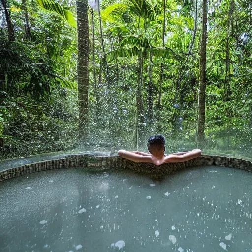 Image similar to pristine bath filled with bubbles in a clearfelled jungle, slash and burn, deforestation