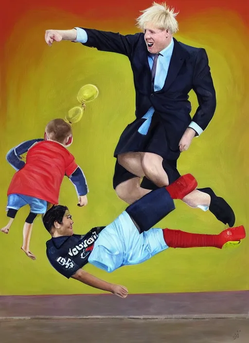 Image similar to Photorealistic painting of Boris Johnson kicking a child version of rishi sunak