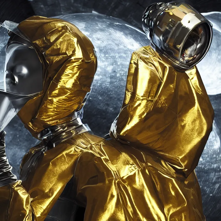 Image similar to octane render portrait by wayne barlow and carlo crivelli and glenn fabry, subject is a woman covered in folded aluminum foil space suit with a colorful metallic space helmet, floating inside a futuristic black and gold space station, cinema 4 d, ray traced lighting, very short depth of field, bokeh