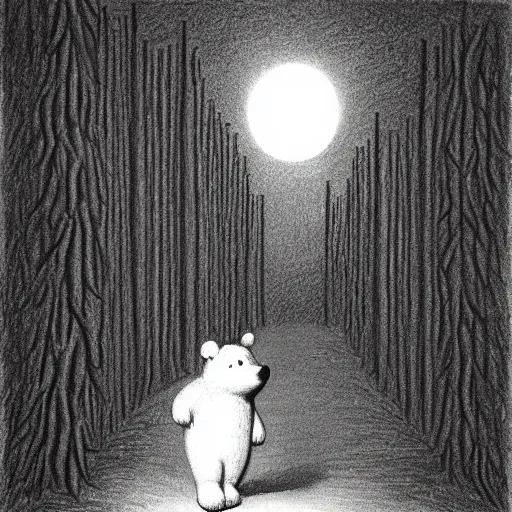 Image similar to charcoal drawing of a small bear about to enter a large hedge maze, the bear is white, illustrated by chris van allsburg, illustration, masterful, volumetric light, subdued, greyscale