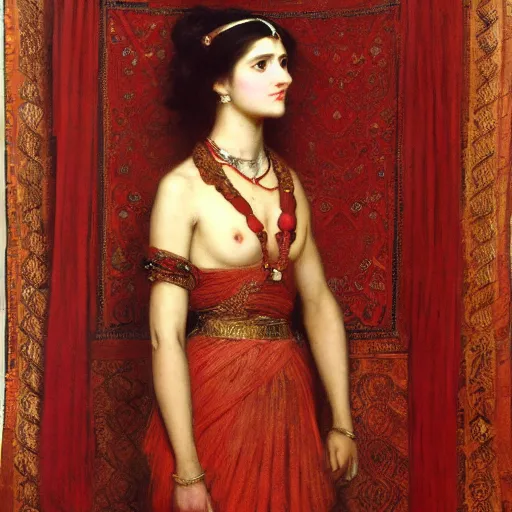Prompt: orientalist portrait of a woman in a red dress with copper jewelry standing in front of tapestry carpet intricate artwork by john william waterhouse and Edwin Longsden Long and Theodore Ralli and Henryk Siemiradzki. trending on artstation, very coherent symmetrical artwork high detail 8k