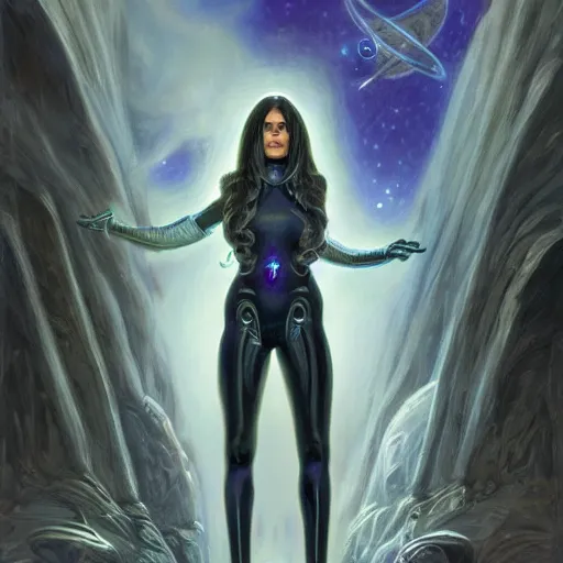Image similar to pleiadian woman with big eyes and long silver hair wearing a dark body suit and wielding a plasma gun as a realistic sci fi d & d character, portrait art by donato giancola and greg rutkowski, digital art, trending on artstation