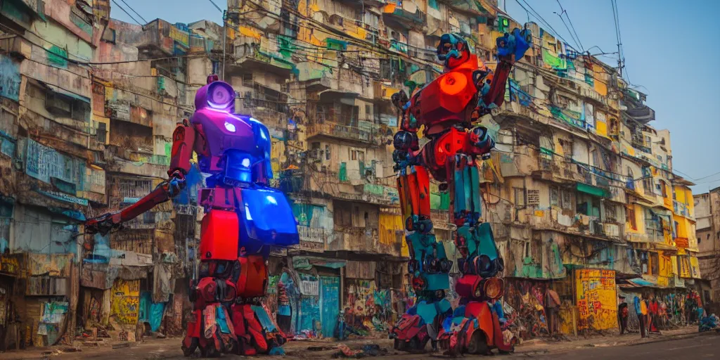 Image similar to colourful giant mecha ROBOT of AJEGUNLE SLUMS in Lagos, markings on robot, neon lights, Golden Hour,