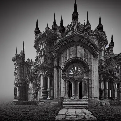 Image similar to gothic georgian temple manor, baroque in the style of h. r. giger and zdzisław beksinski, demons, decaying, fog mist, 8 k, artstation, unreal engine, octane render, hdr, sci - fi, surrealistic digital art, dystopian, hyperrealism, glow, concept art, grand scale, photorealistic rendered in octane