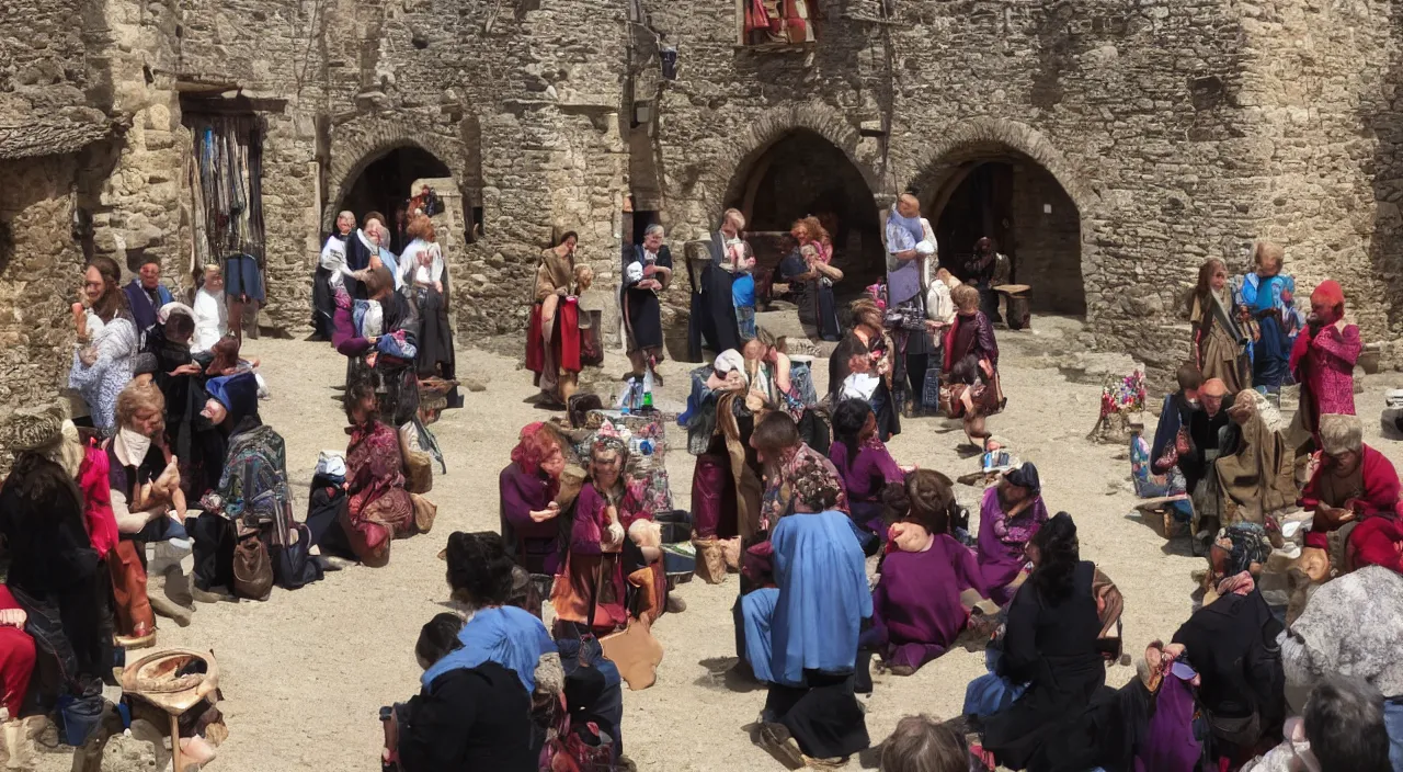 Image similar to people sharing jewels with each other in the middle of a medieval village