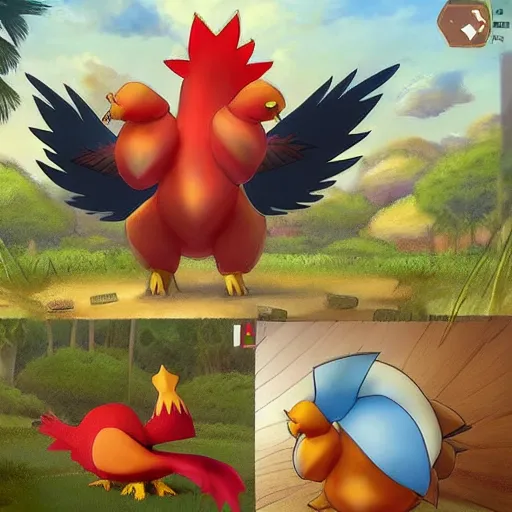 Image similar to A pokemon that looks like a coconut, which splits in half into wings,The rooster hides inside and sticks his head out to peek，Trending on art station. Unreal engine.