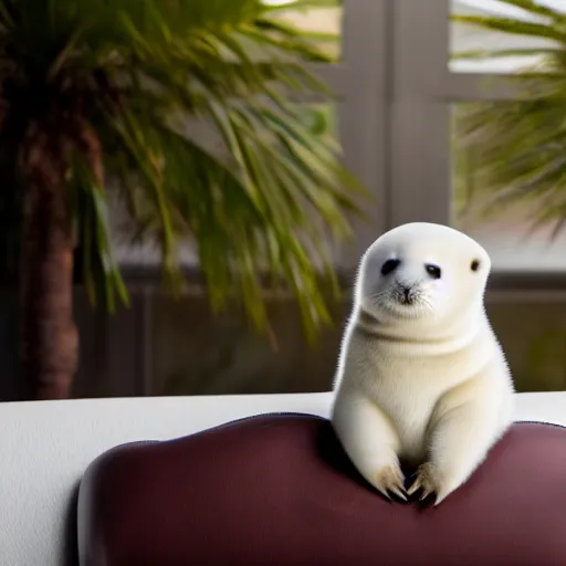 Image similar to a baby harp seal holding a box marked top secret in red letters, sitting on a beautiful leather chair at a luxury resort, palm trees outside the windows, panasonic, photo, gentle bokeh