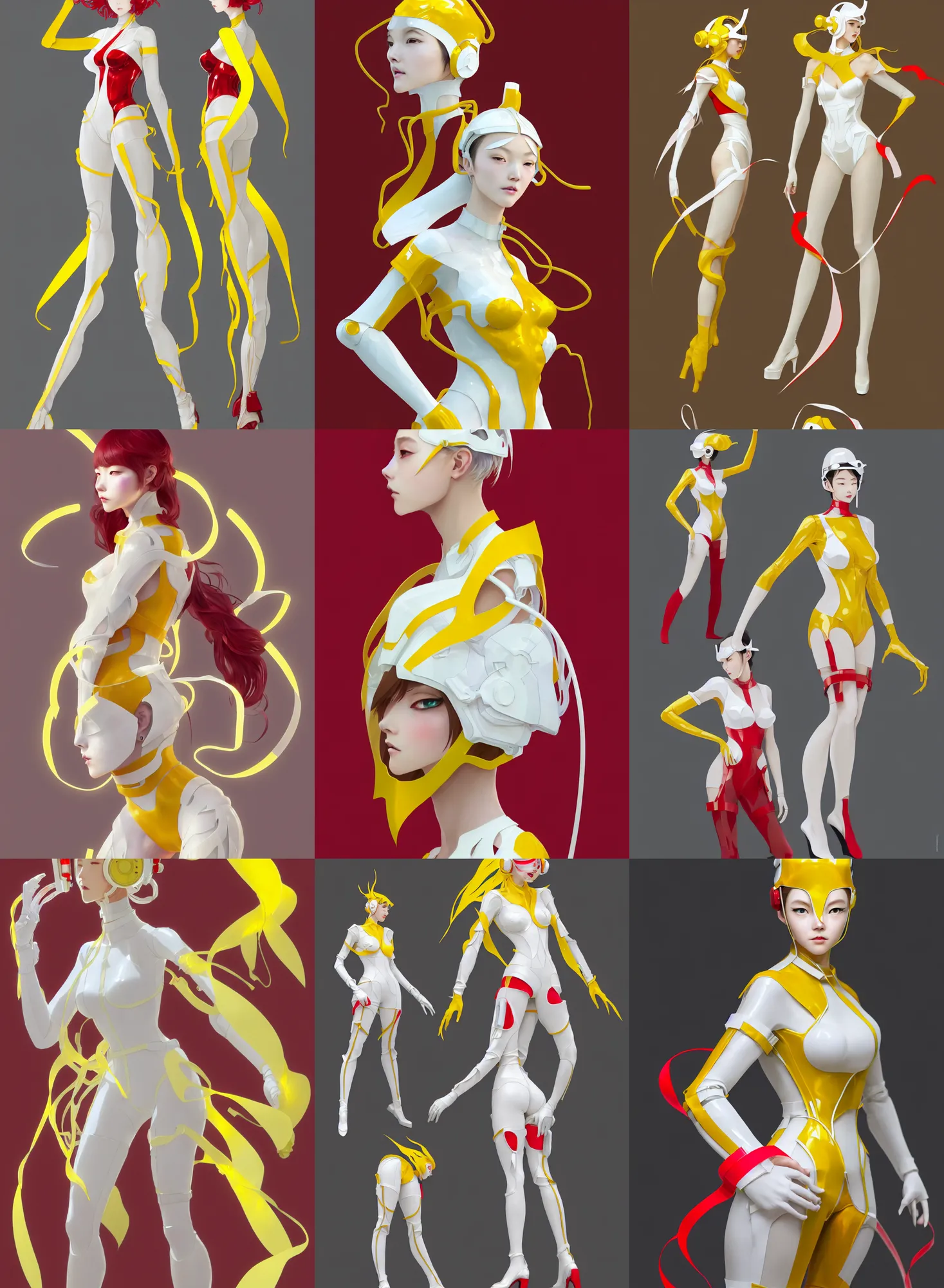 Image similar to a full body character design by loish, hong soonsang, tooth wu, zeen chin, wlop, makoto shinkai and alphonse mucha. white and yellow tape and red translucent plastic tape project show attctive showgirl!! sci - fi helmet with!! sharp edges. contour light!! ultra detailed, elegant, intricate, octane render.