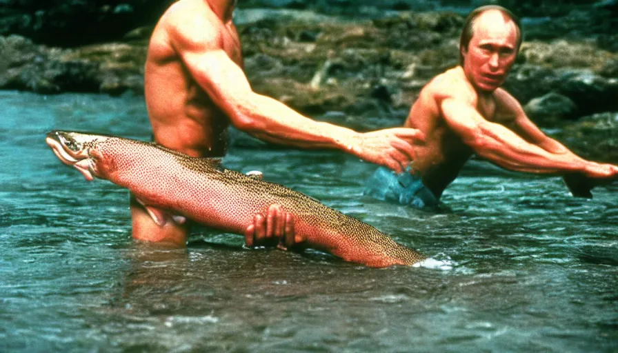 Image similar to 7 0 s movie still of putin in speedo, catching a salmon with his hands, cinestill 8 0 0 t _ 3 5 mm eastmancolor, heavy grain, high quality, high detail