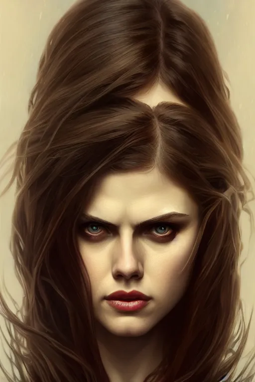 Image similar to alexandra daddario as black widow, realistic portrait, symmetrical, highly detailed, digital painting, artstation, concept art, smooth, sharp focus, illustration, cinematic lighting, art by artgerm and greg rutkowski and alphonse mucha