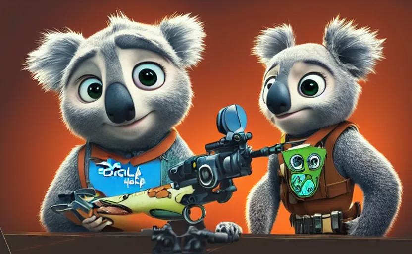 Image similar to “ cute koala with very big eyes, wearing a bandana and chain, holding a laser gun, standing on a desk, digital art, award winning, in the style of the movie zootopia ”