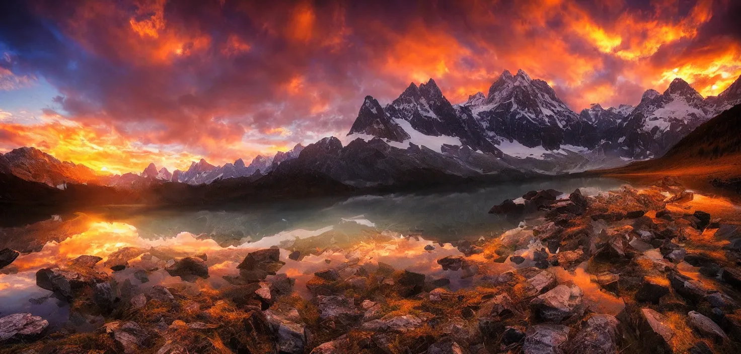 Image similar to amazing landscape photo of mountains with lake in sunset by marc adamus, beautiful dramatic lighting