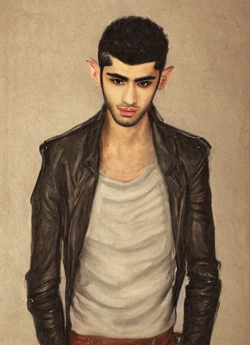 Prompt: portrait of zayn malik as an elf by turner, only one head single portrait, pointy ears, wearing a black leather collared jacket