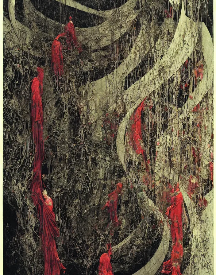 Image similar to worshippers in robes ascend a spiral staircase, spiral staircase, interior, beksinski painting, part by adrian ghenie and gerhard richter. art by takato yamamoto. masterpiece, deep colours