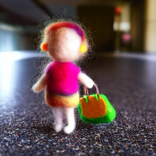 Image similar to needle felted person arriving at airport, highly detailed, tilt shift, cute, hyperrealism, highly textured, god rays